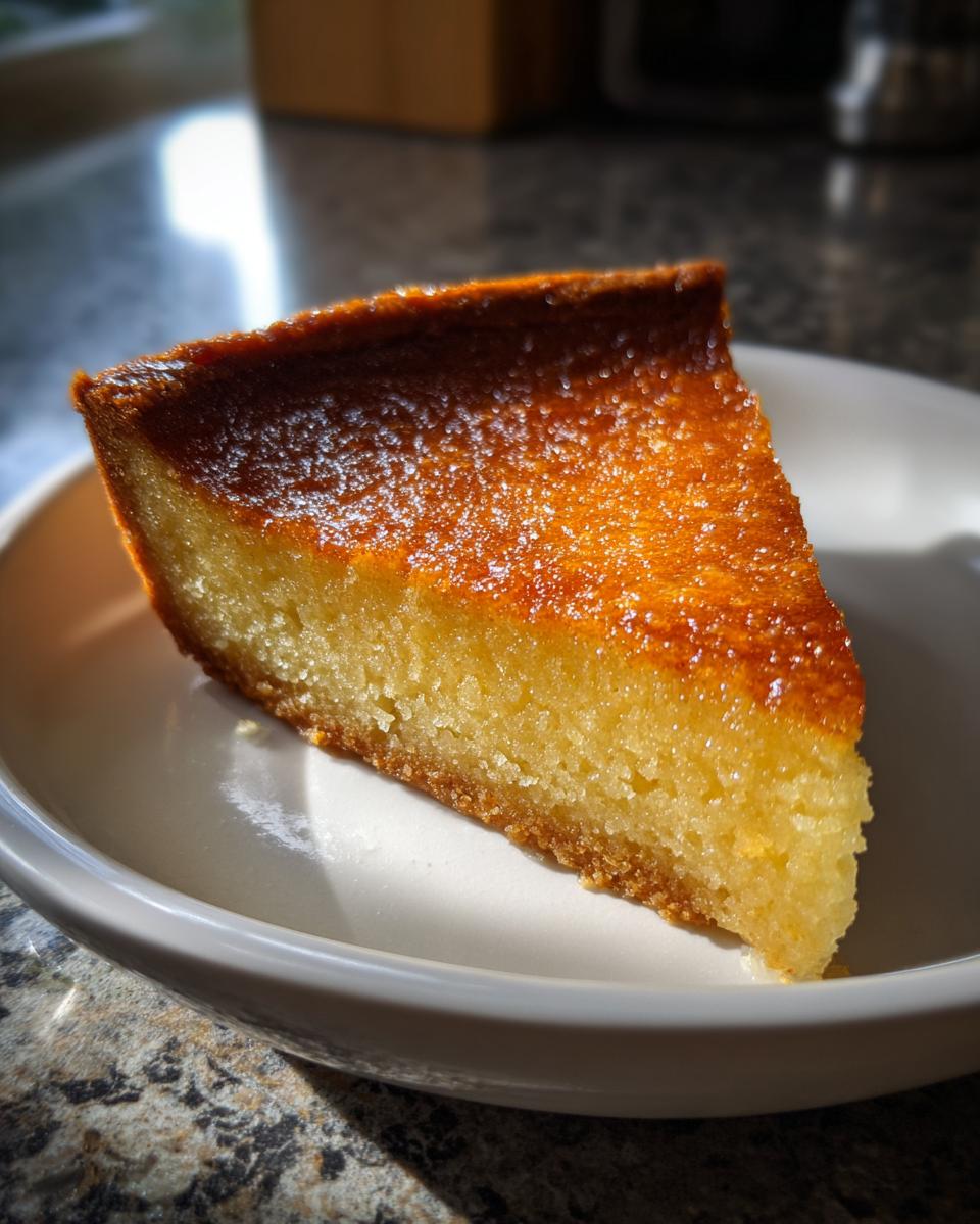 Close-up of a golden slice of Salted Honey Pie on a white plate, showing a rich, caramelized top.
