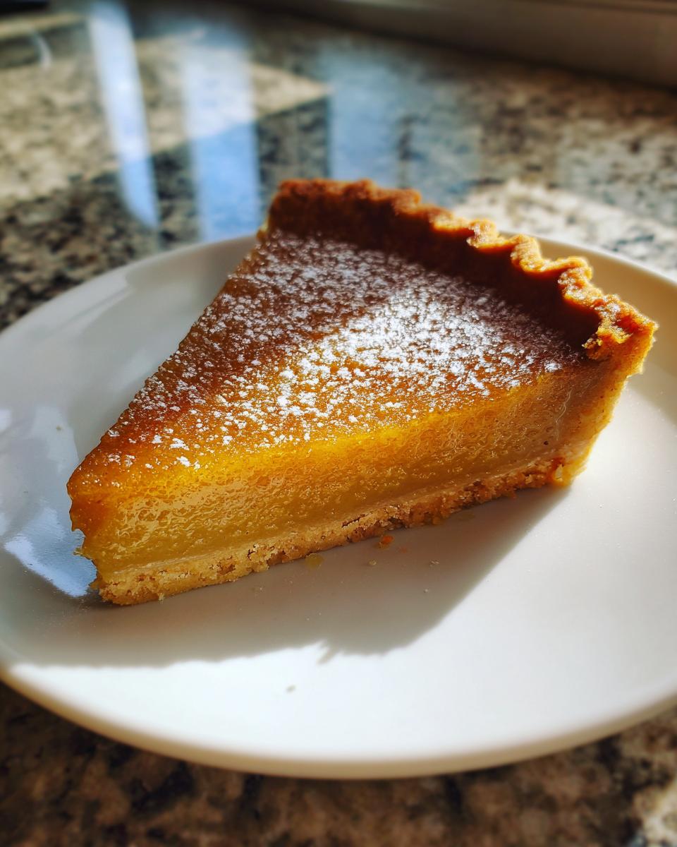 A close-up slice of golden Salted Honey Pie dusted with powdered sugar, resting on a white plate.