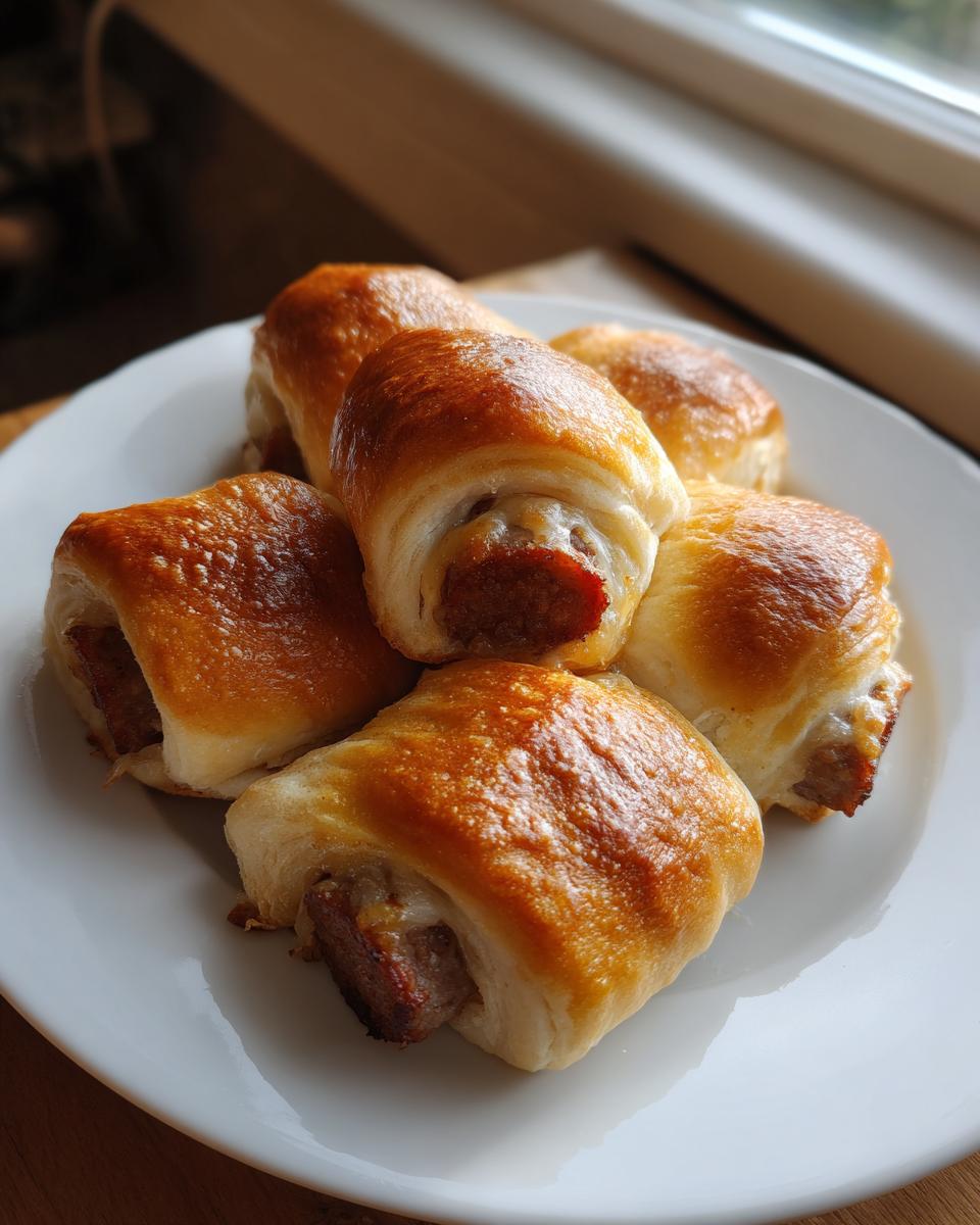 Five golden-brown sausage rolls piled on a white plate, perfect for Iowa Party Bites.