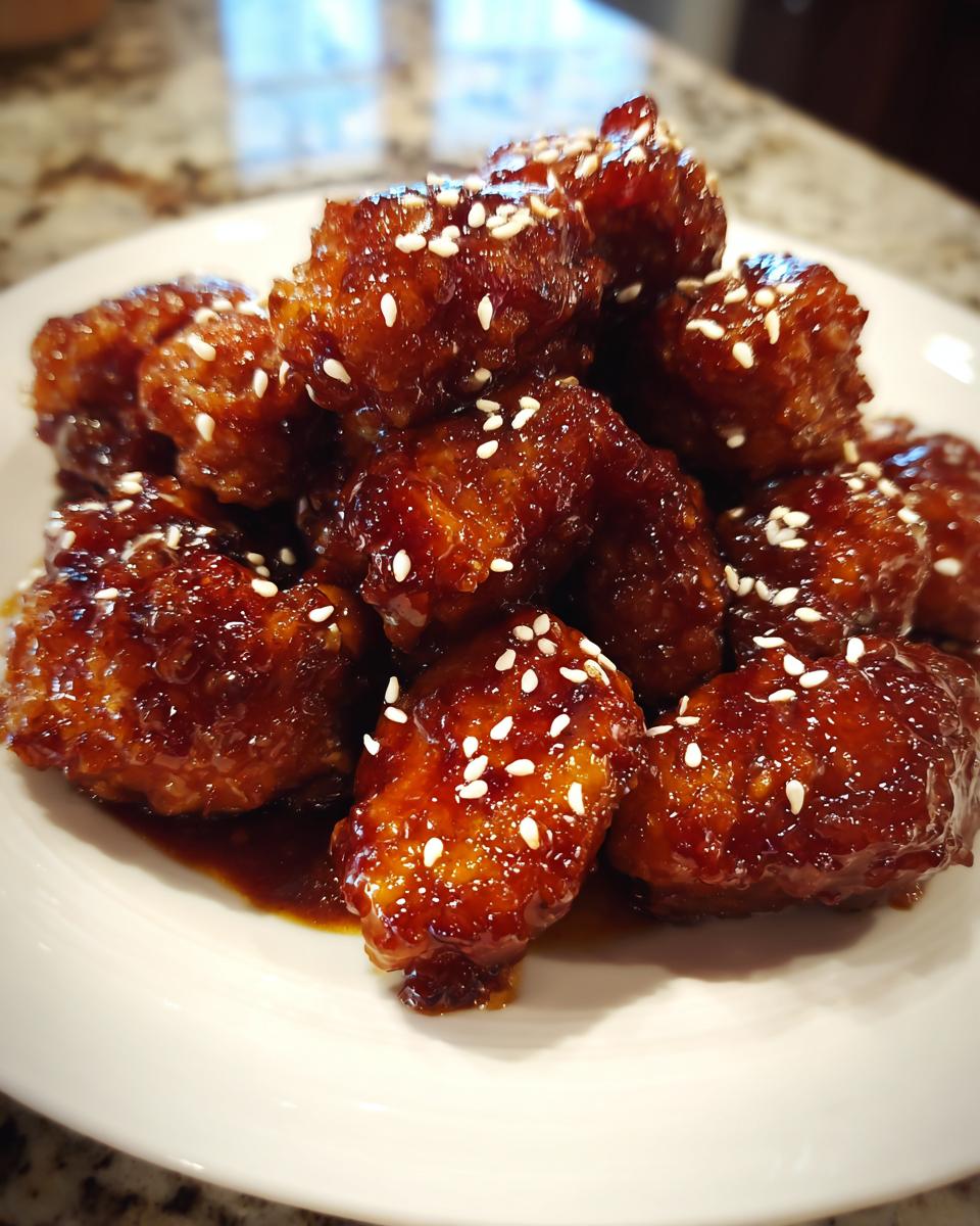 A close-up of crispy, glazed Sesame Chicken pieces piled high on a white plate and sprinkled with white sesame seeds.