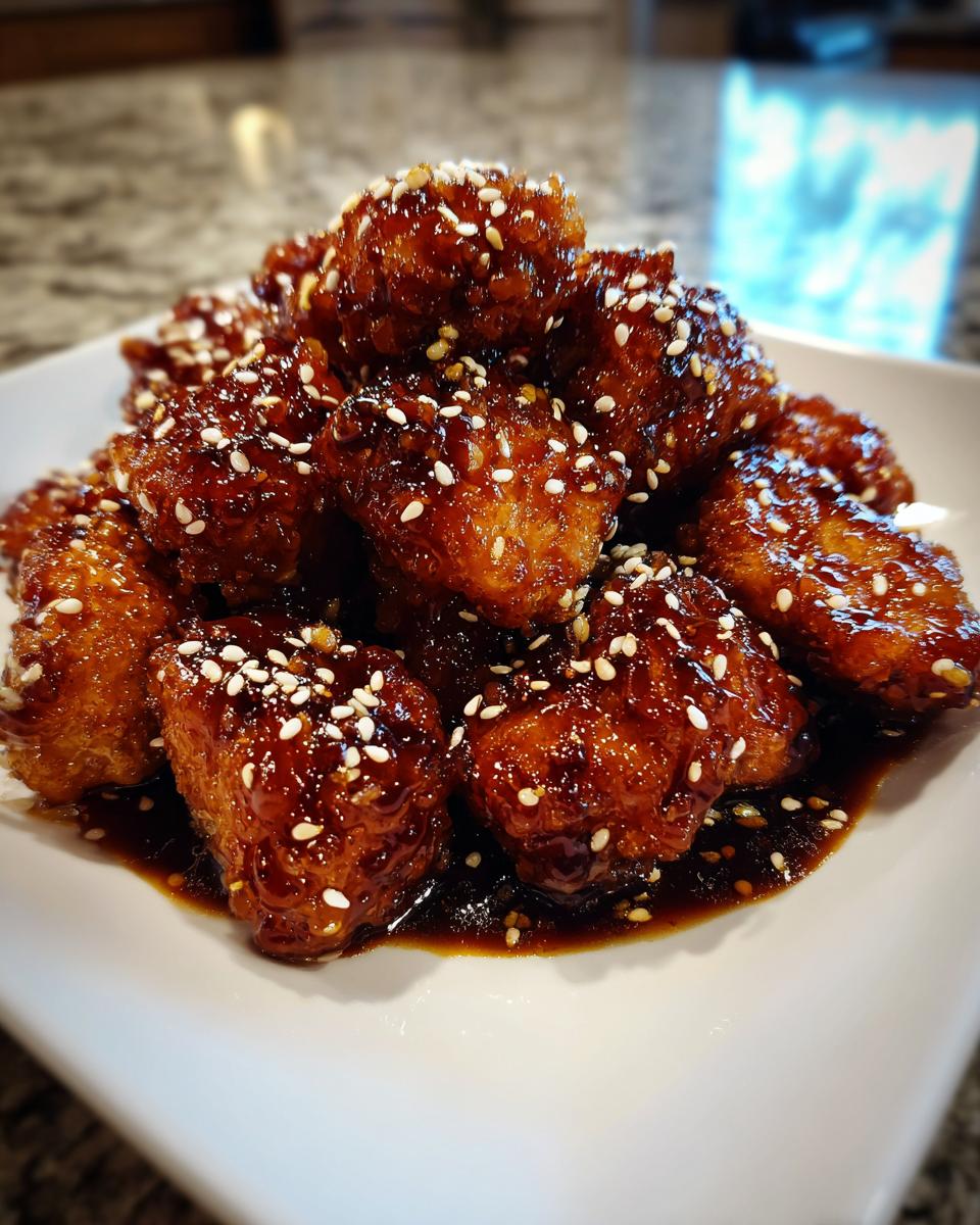Close-up of crispy, glazed Sesame Chicken pieces generously topped with white sesame seeds.