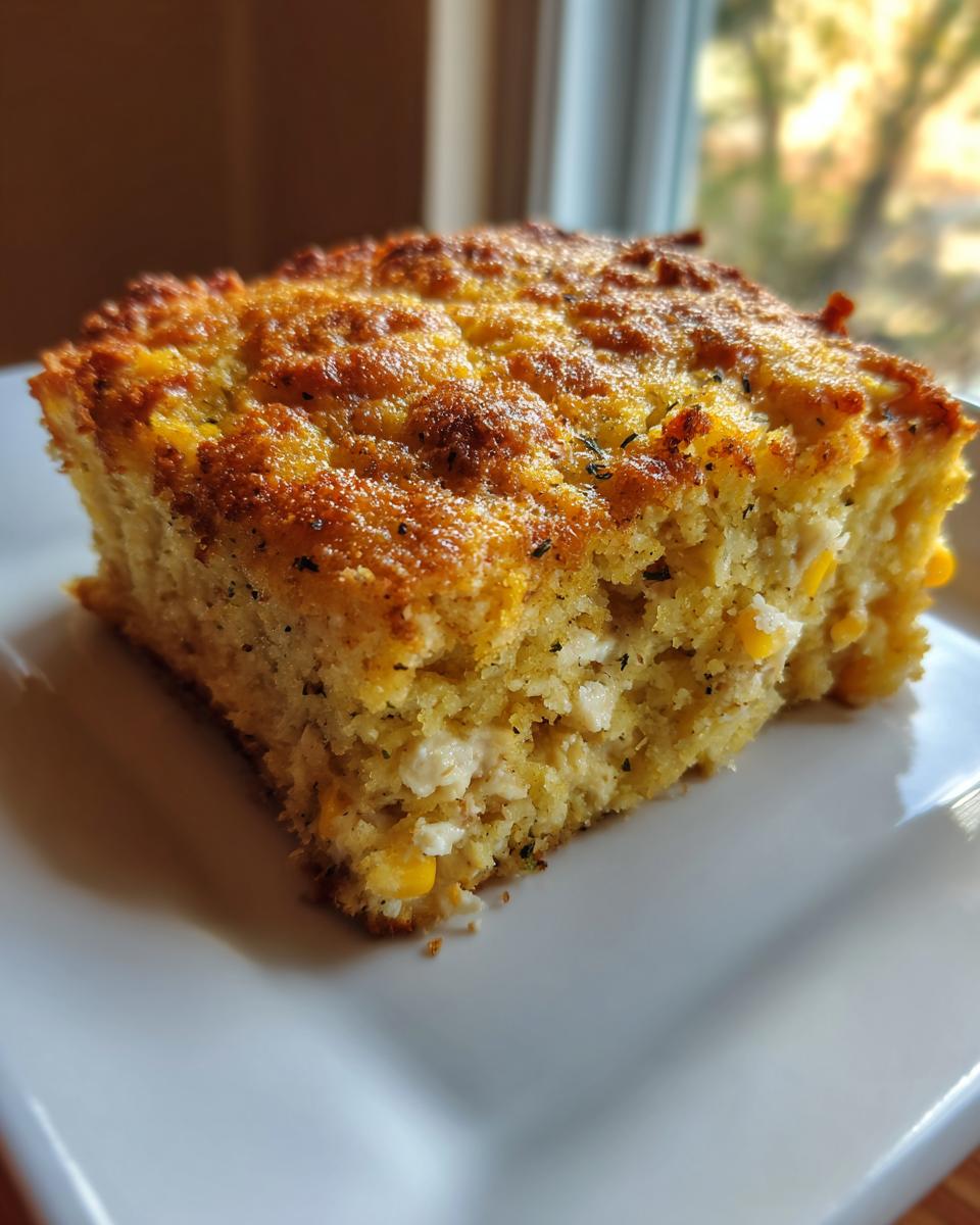 Close-up of a square slice of baked Chicken And Cornbread Casserole with a golden crust, served on a white plate.