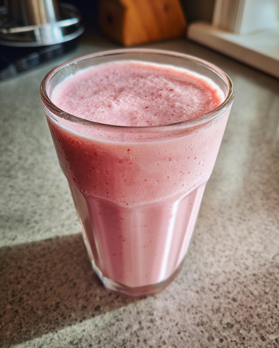 Close-up of a pink, frothy Smoothie King Angel Food Smoothie served in a tall glass on a speckled countertop.