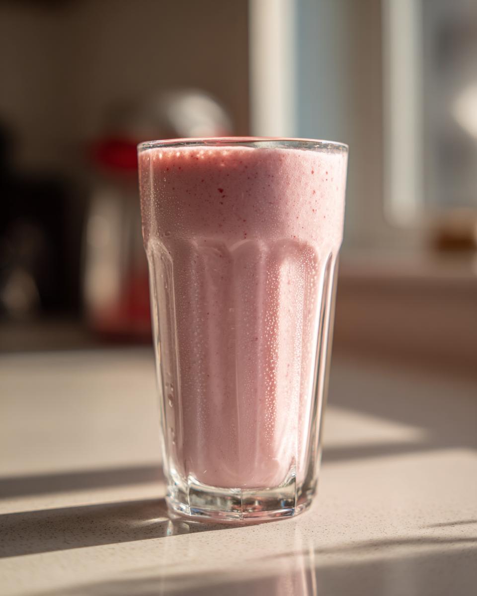 A tall glass filled with a pink, frothy Smoothie King Angel Food Smoothie, glistening in sunlight.