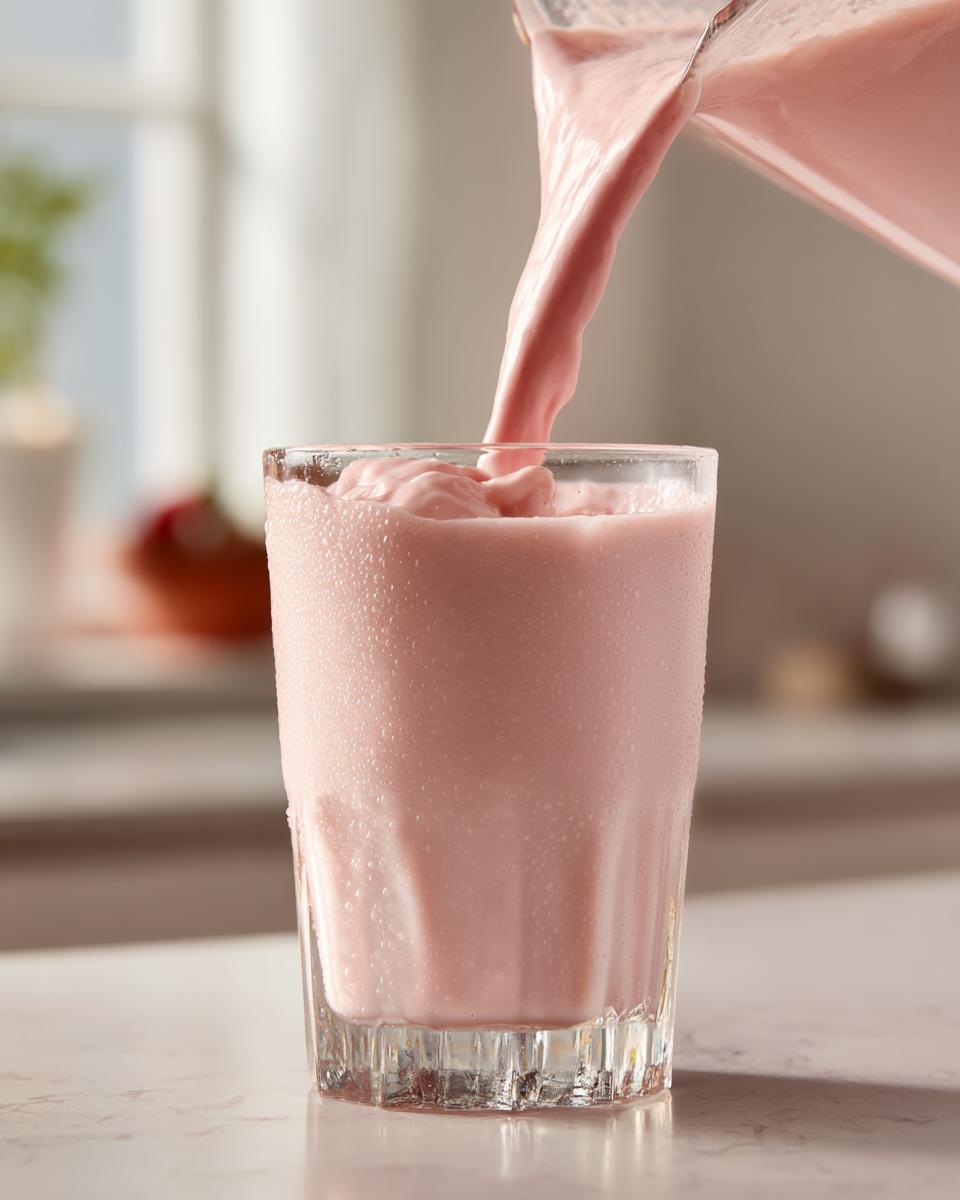 Thick, pink Smoothie King Angel Food Smoothie being poured from a blender pitcher into a chilled, sweating glass.