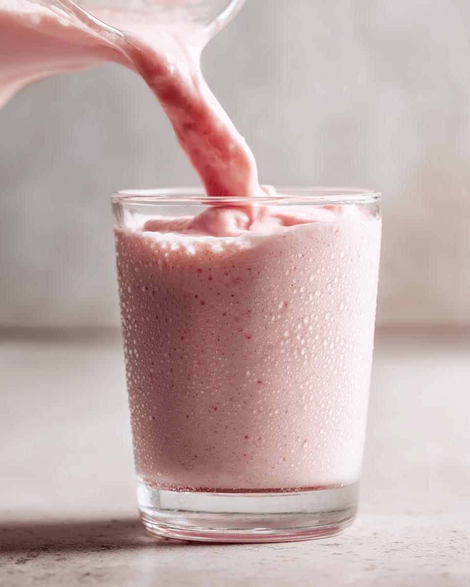 Close-up of pink Smoothie King Angel Food Smoothie being poured from a blender pitcher into a chilled, sweating glass.