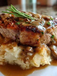 A thick, seared pork chop smothered in mushroom gravy served atop mashed potatoes, part of a Smothered Pork Chop and Scalloped Potato Casserole.