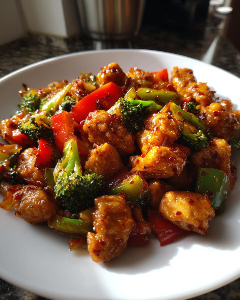 A close-up of crispy, saucy Hunan Chicken pieces mixed with bright red and green bell peppers and broccoli florets.