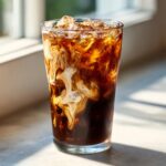 A tall glass of Starbucks Iced Coffee Copycat Recipe with ice cubes and cream swirling into the dark coffee.