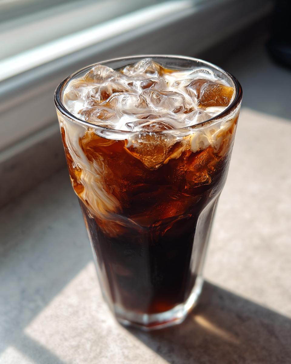 Close-up of a tall glass filled with Starbucks Iced Coffee Copycat Recipe, ice, and cream swirling into the dark coffee.