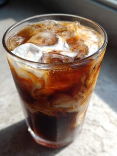 Close-up of a tall glass filled with Starbucks Iced Coffee Copycat Recipe, showing ice cubes and cream swirling into the dark coffee.