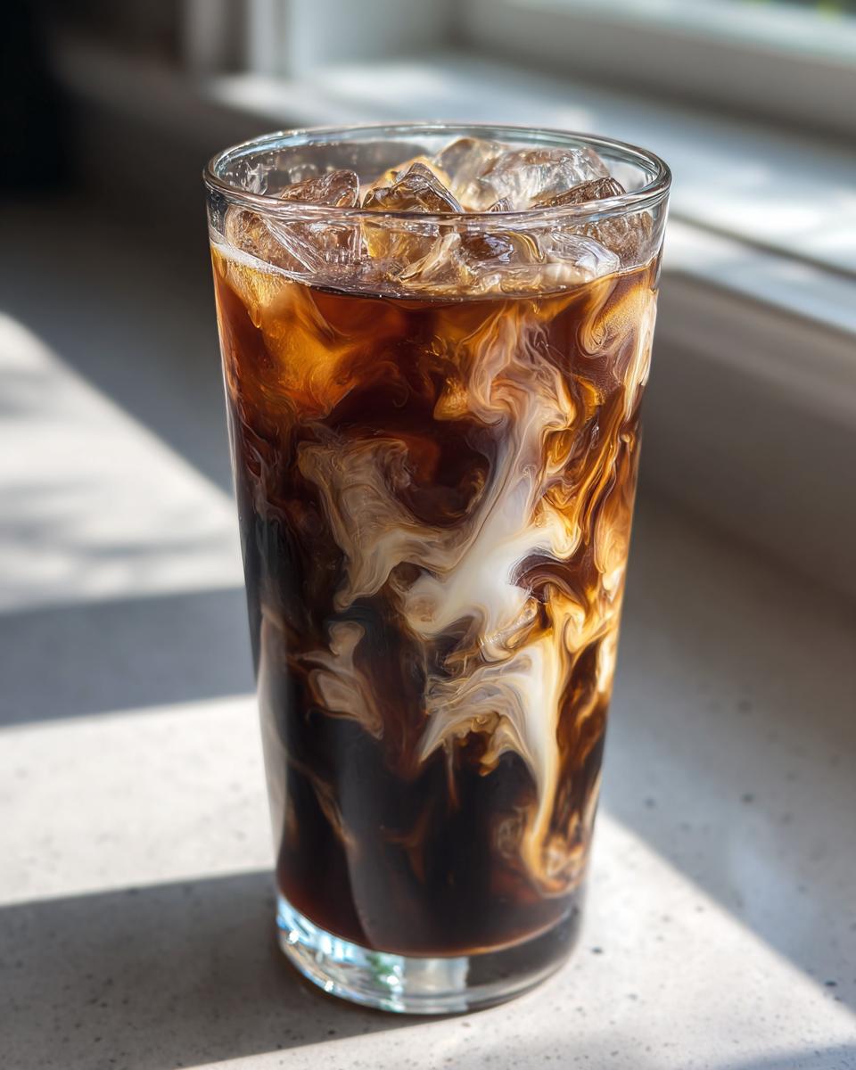 Close-up of cream swirling dramatically into dark coffee in a tall glass, perfect for a Starbucks Iced Coffee Copycat Recipe.