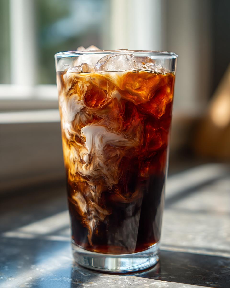 Close-up of a tall glass filled with Starbucks Iced Coffee Copycat Recipe, showing cream swirling beautifully into the dark coffee over ice.