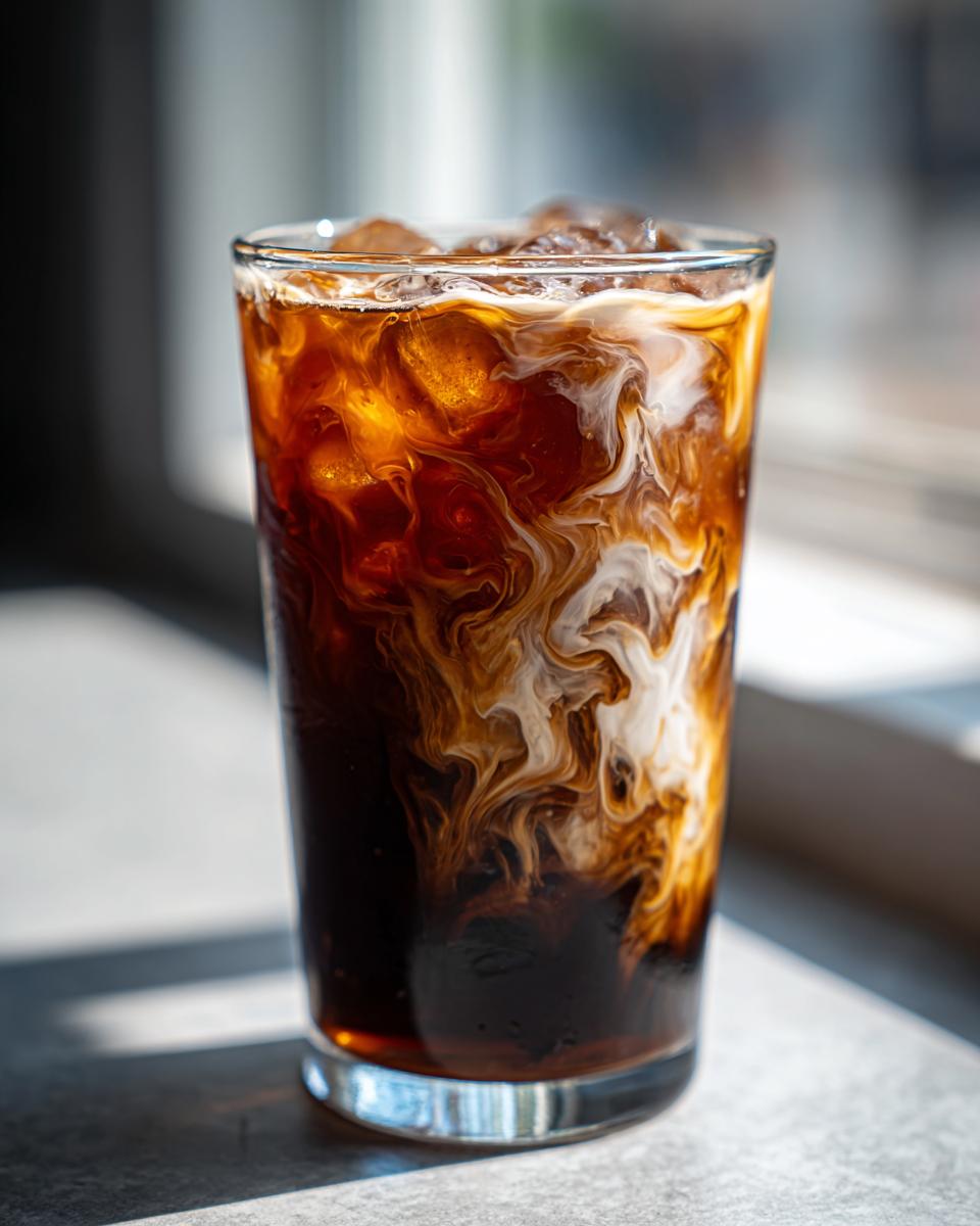 Close-up of Starbucks Iced Coffee Copycat Recipe with cream swirling into dark coffee over ice.