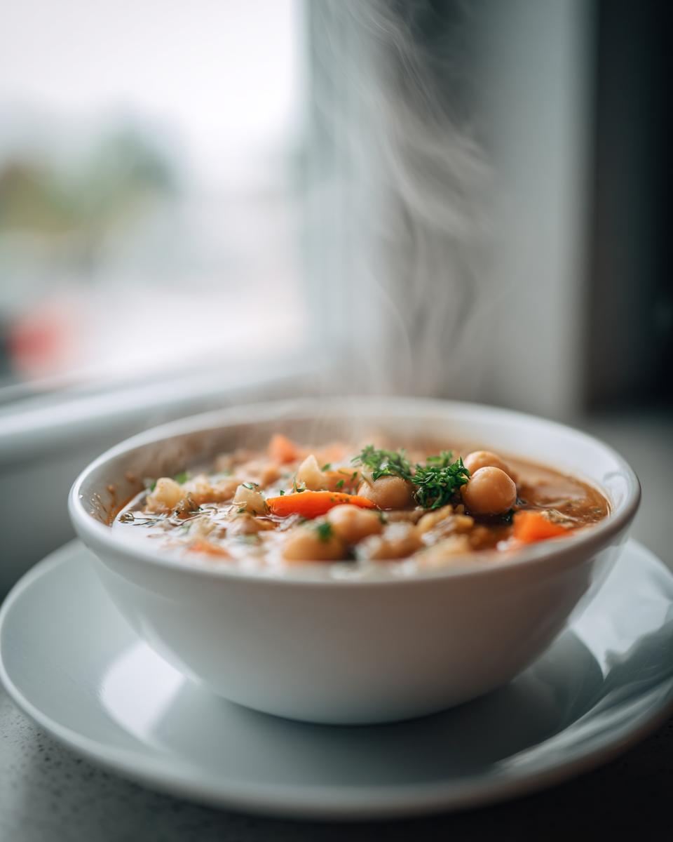 A steaming white bowl filled with hearty White Chickpea Chili, garnished with carrots and parsley, set by a window.