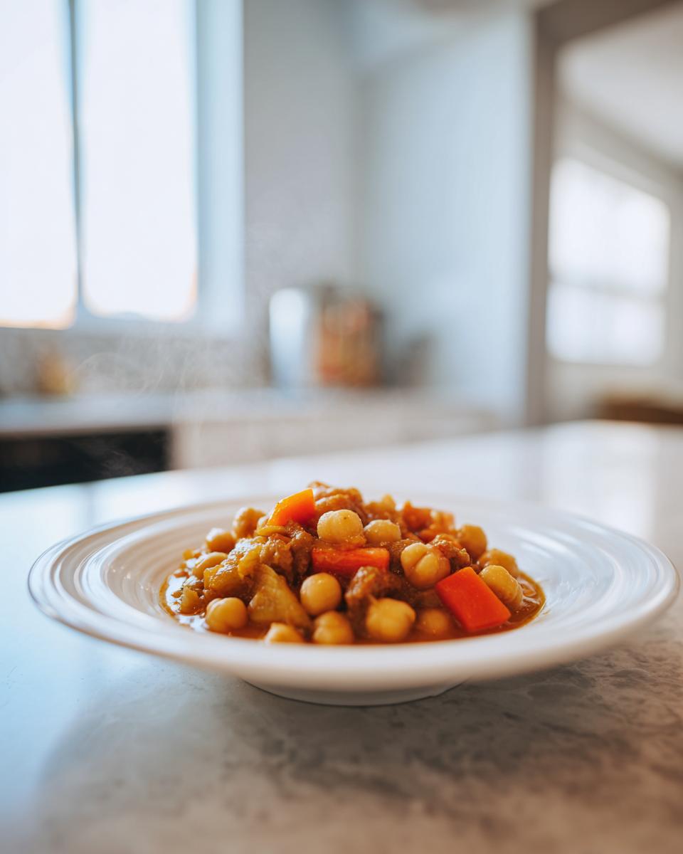 A steaming bowl of hearty White Chickpea Chili featuring chickpeas and carrots served on a white plate.