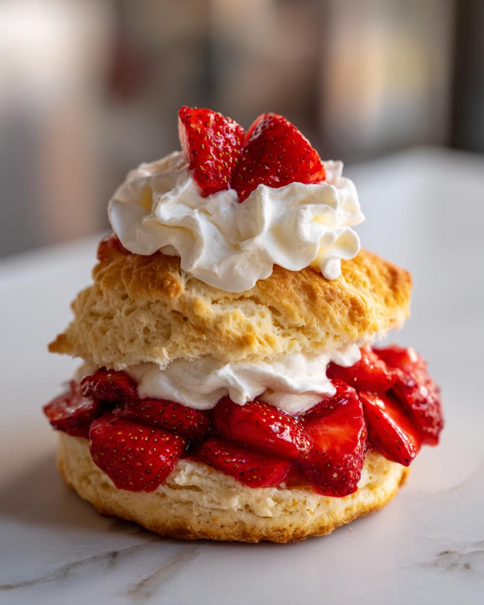 A close-up of a delicious Strawberry Shortcake featuring a split biscuit, macerated strawberries, and whipped cream.