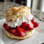 Close-up of a single serving Strawberry Shortcake with biscuit, macerated strawberries, and whipped cream.