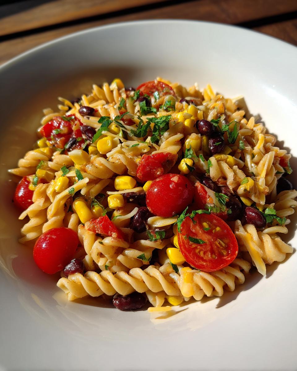 A close-up of a bowl filled with Tex Mex Pasta Salad featuring rotini pasta, black beans, corn, and cherry tomatoes.