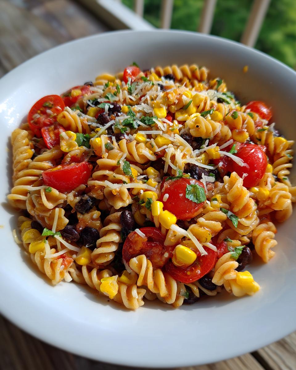 A close-up of a white bowl filled with Tex Mex Pasta Salad featuring rotini pasta, black beans, corn, cherry tomatoes, and topped with cheese.