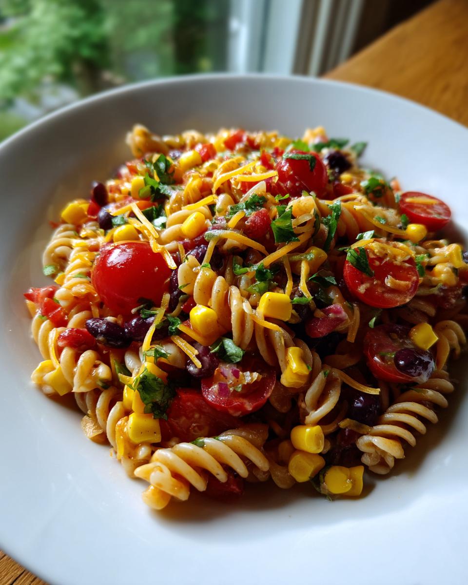 A close-up of a vibrant Tex Mex Pasta Salad featuring rotini pasta, corn, black beans, cherry tomatoes, and shredded cheese.