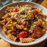 A close-up view of a white bowl filled with Tex Mex Pasta Salad featuring rotini pasta, corn, black beans, cherry tomatoes, and shredded cheese.