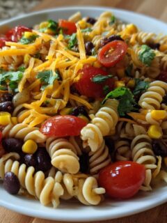 A close-up of a white bowl filled with Tex Mex Pasta Salad featuring rotini pasta, black beans, corn, cherry tomatoes, and shredded cheese.