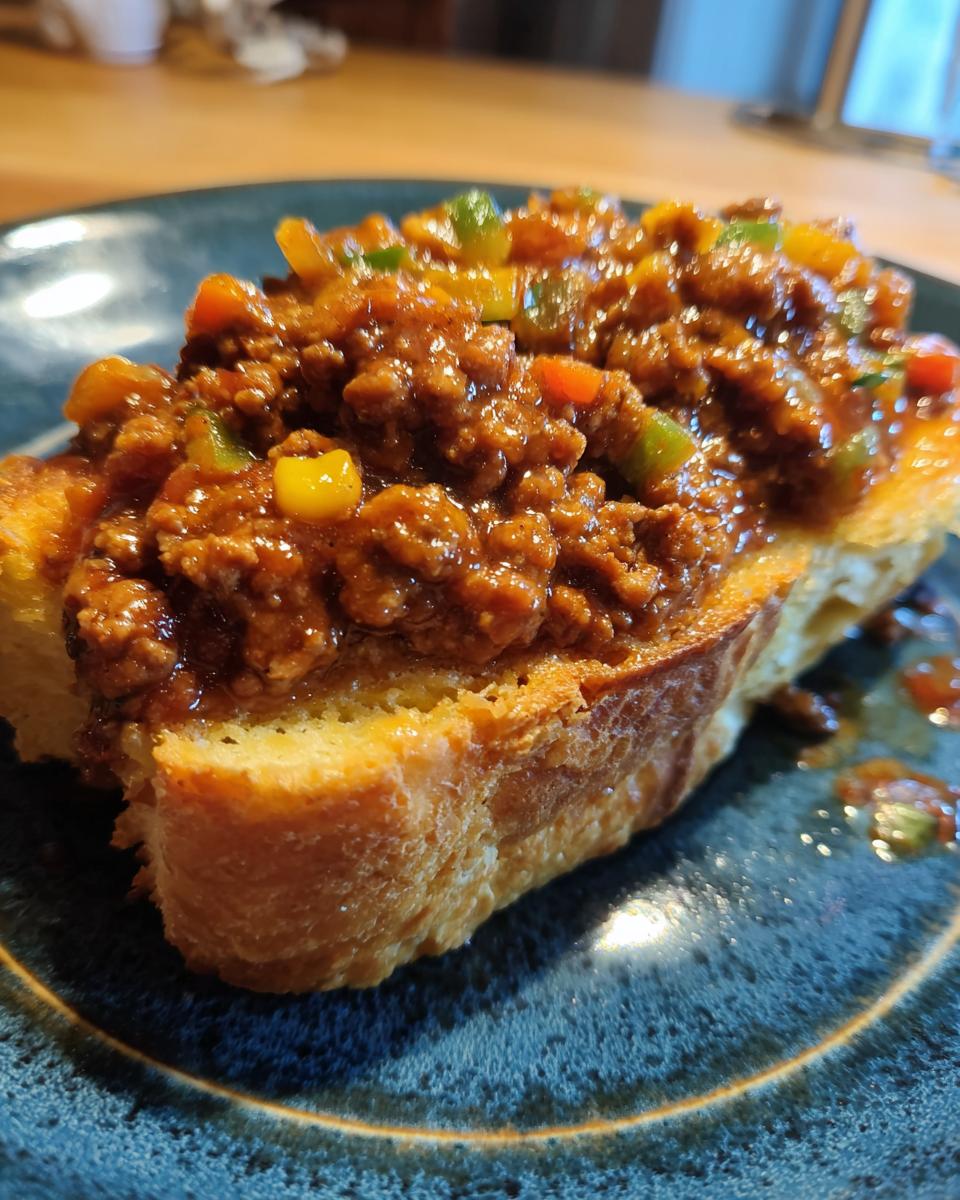 Close-up of savory meat topping on thick, toasted Texas Toast Sloppy Joes served on a dark blue plate.