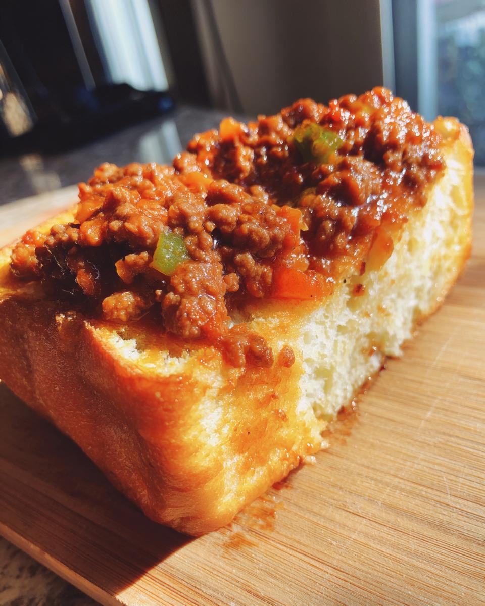 A close-up of savory meat mixture topping a thick slice of buttered Texas Toast, making delicious Texas Toast Sloppy Joes.
