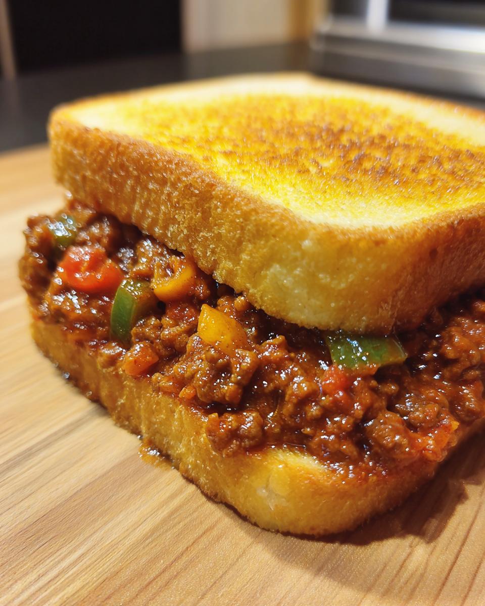 Close-up of a hearty Texas Toast Sloppy Joes sandwich, featuring thick, toasted bread filled with savory meat sauce and peppers.