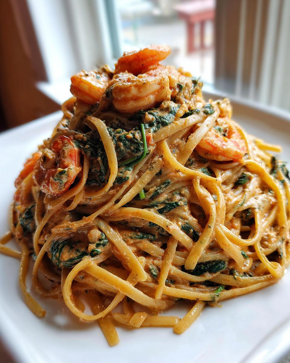 Close-up of a mound of creamy Tuscan Shrimp Pasta with spinach and plump shrimp on a white plate.