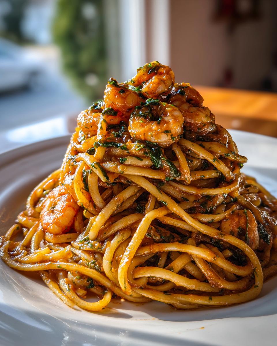 A tall mound of saucy Tuscan Shrimp Pasta featuring linguine coated in a rich sauce and topped with succulent shrimp.