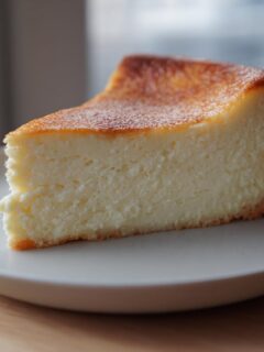 A perfect slice of Vanilla Bean Brown Butter Cheesecake with a golden-brown top, served on a light gray plate.