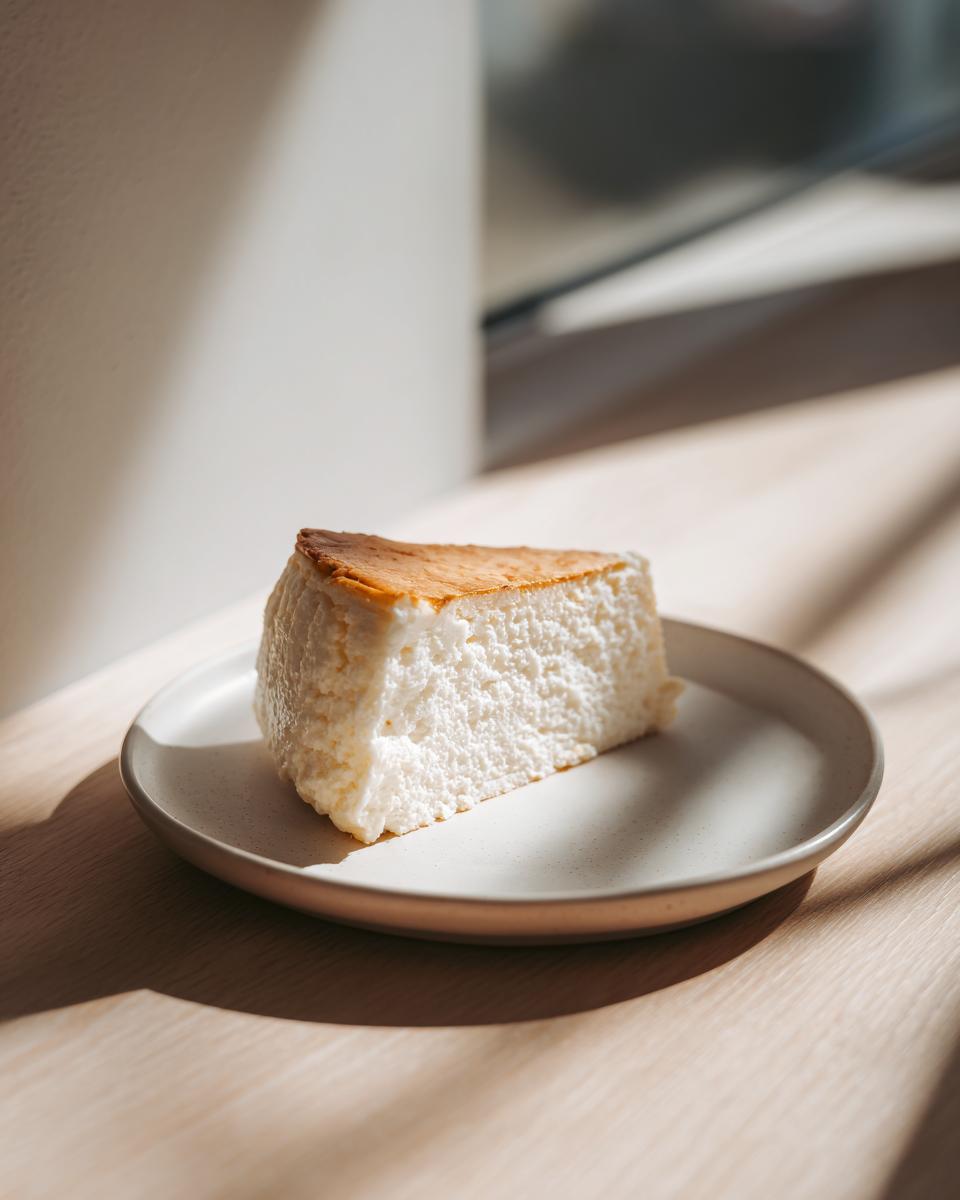 A tall, fluffy slice of Vanilla Bean Brown Butter Cheesecake with a golden top, served on a speckled plate.