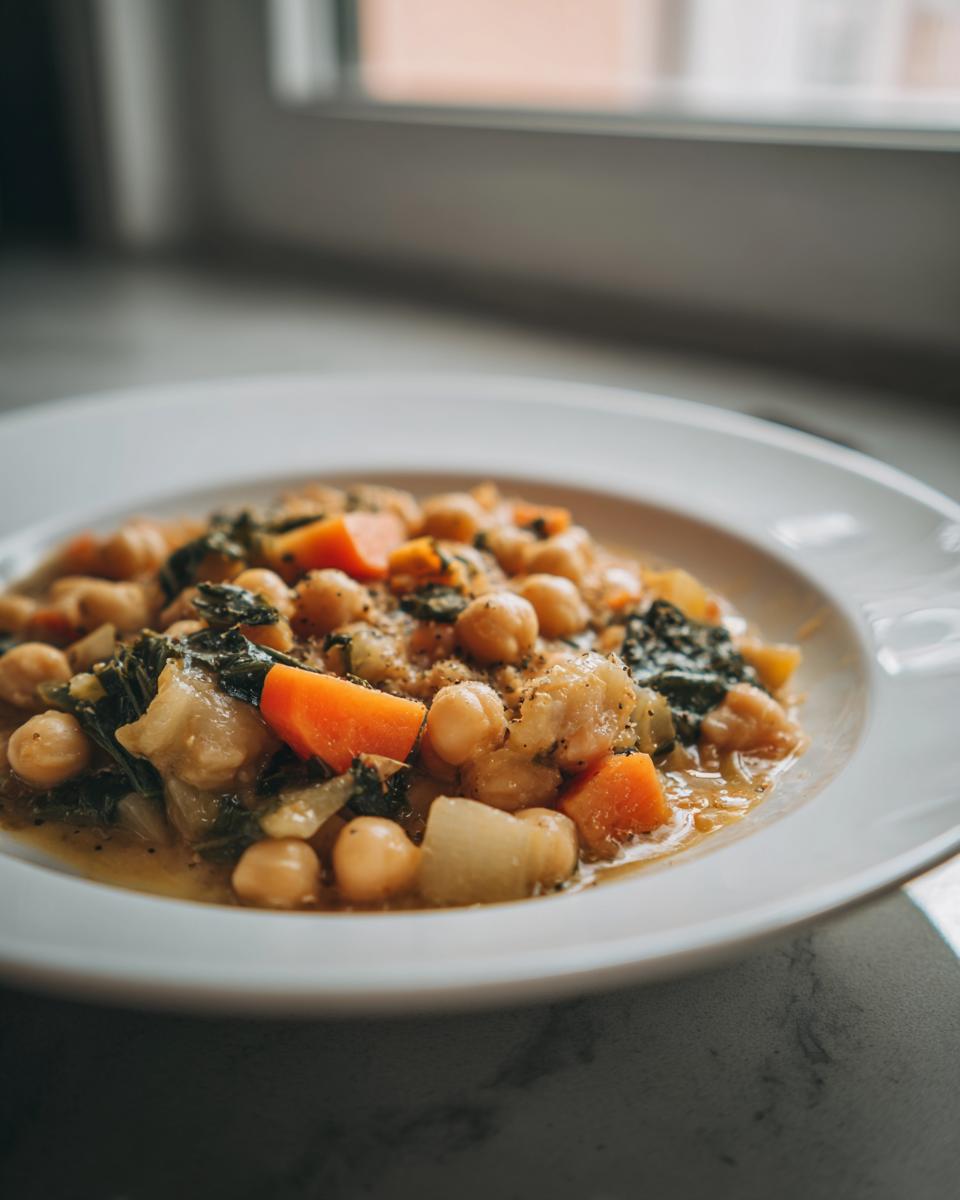 A close-up of a white chickpea chili bowl featuring chickpeas, carrots, and dark leafy greens in a savory broth.