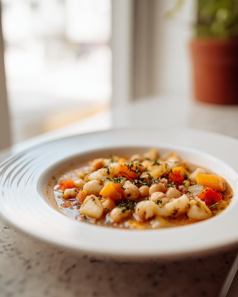 A close-up of a white bowl filled with hearty White Chickpea Chili, featuring chickpeas and orange vegetables, garnished with herbs.