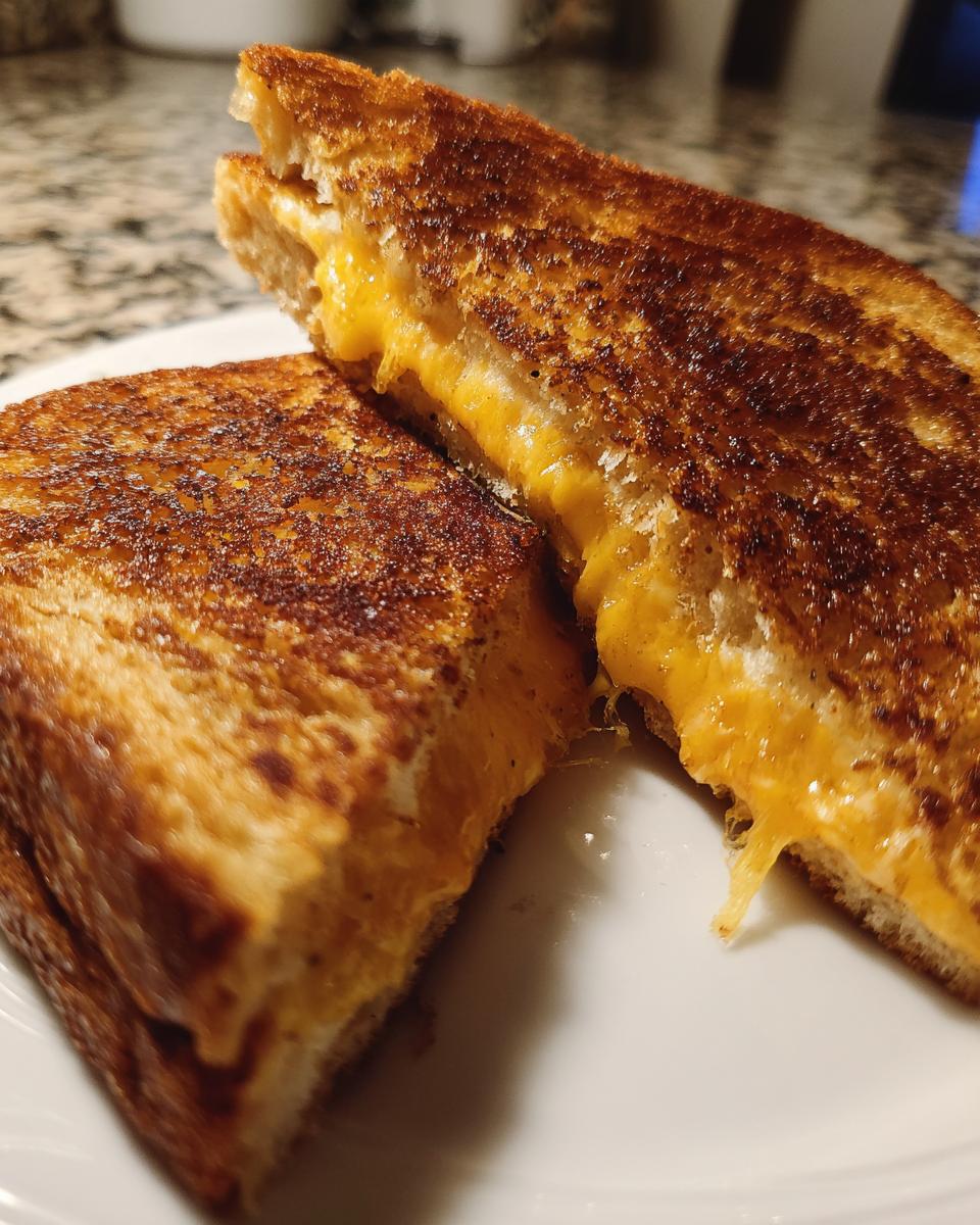 Two halves of a golden brown Air Fryer Grilled Cheese sandwich showing melted, gooey cheddar cheese pull.