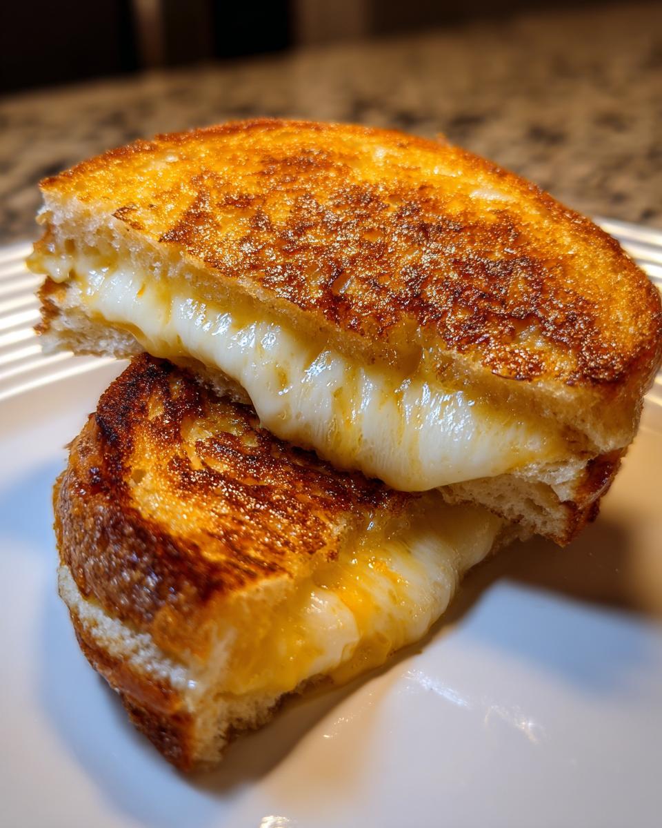 Close-up of a golden brown Air Fryer Grilled Cheese cut in half, showing gooey, melted cheese stretching between the slices.