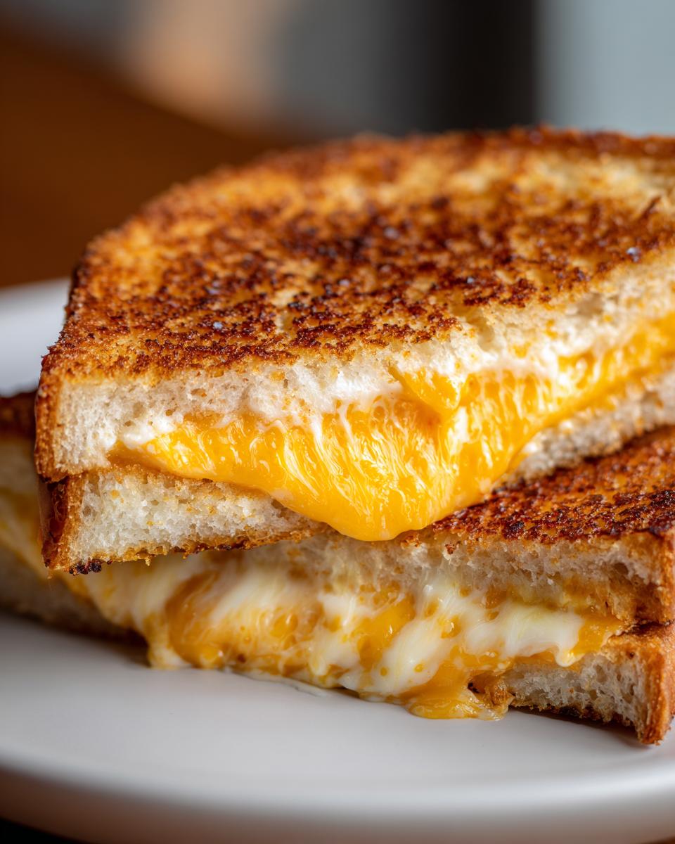 Close-up of a perfectly toasted Air Fryer Grilled Cheese sandwich cut in half, showing gooey, melted cheddar and white cheese.