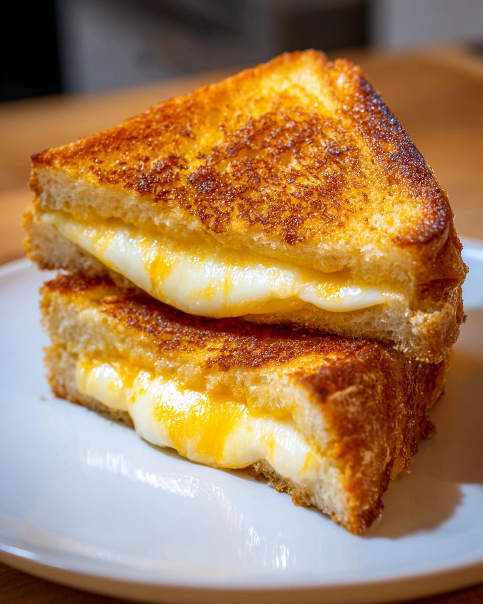 Close-up of a perfectly golden brown Air Fryer Grilled Cheese sandwich cut in half, showing melted cheese oozing out.