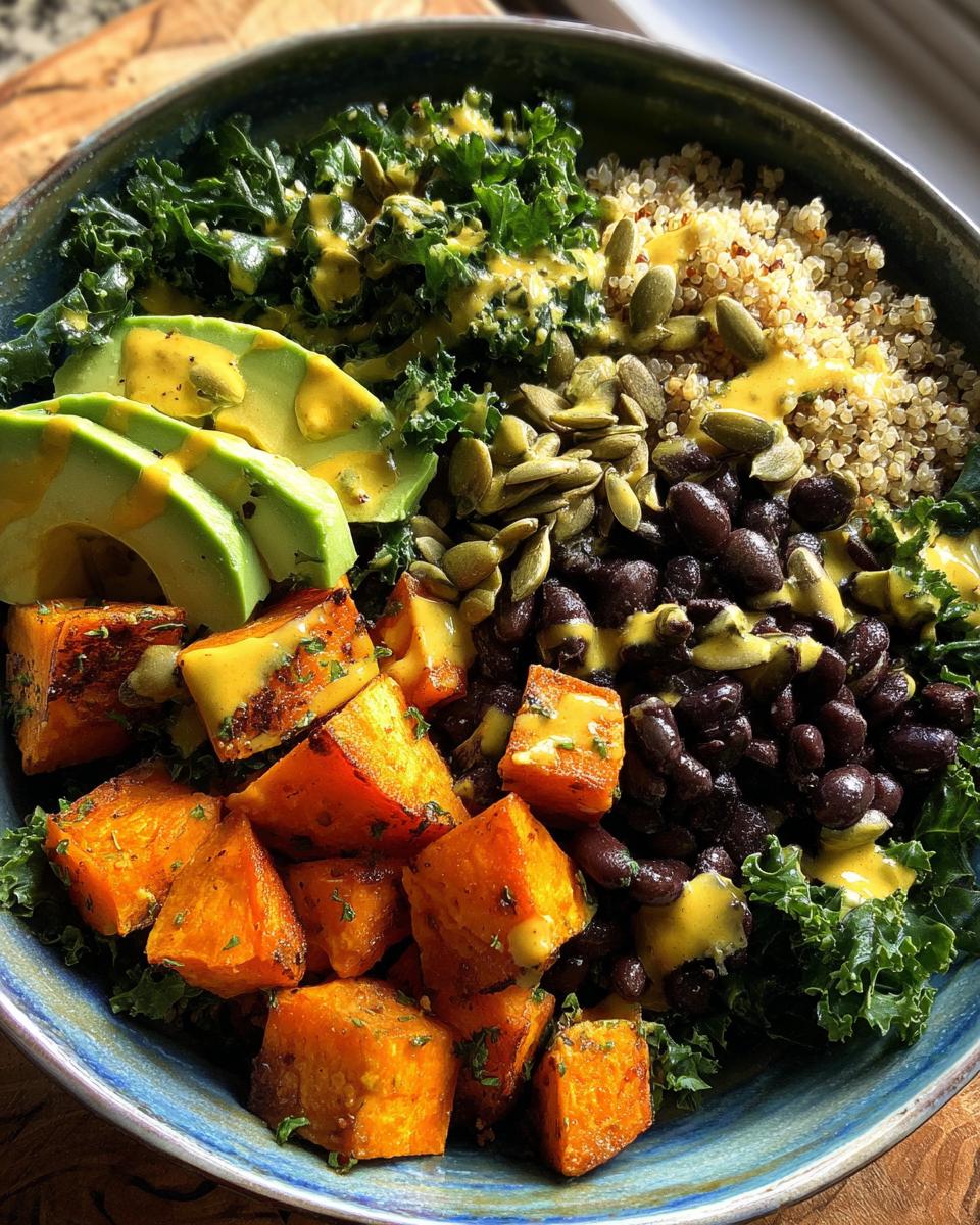 Close-up of a vibrant Anti Inflammatory Glow Bowl featuring roasted sweet potatoes, black beans, kale, quinoa, avocado, and pumpkin seeds.