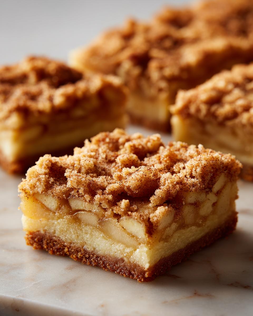 A close-up of one square of Apple Snickerdoodle Bars featuring a graham cracker crust, creamy filling, spiced apples, and a crumbly cinnamon topping.