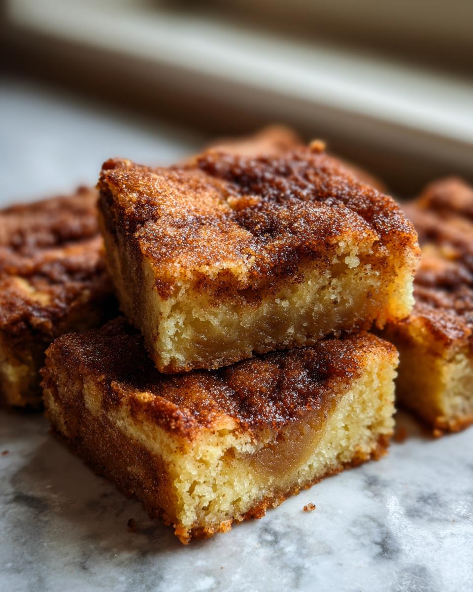 Two stacked squares of moist Apple Snickerdoodle Bars topped with a thick cinnamon-sugar crust.