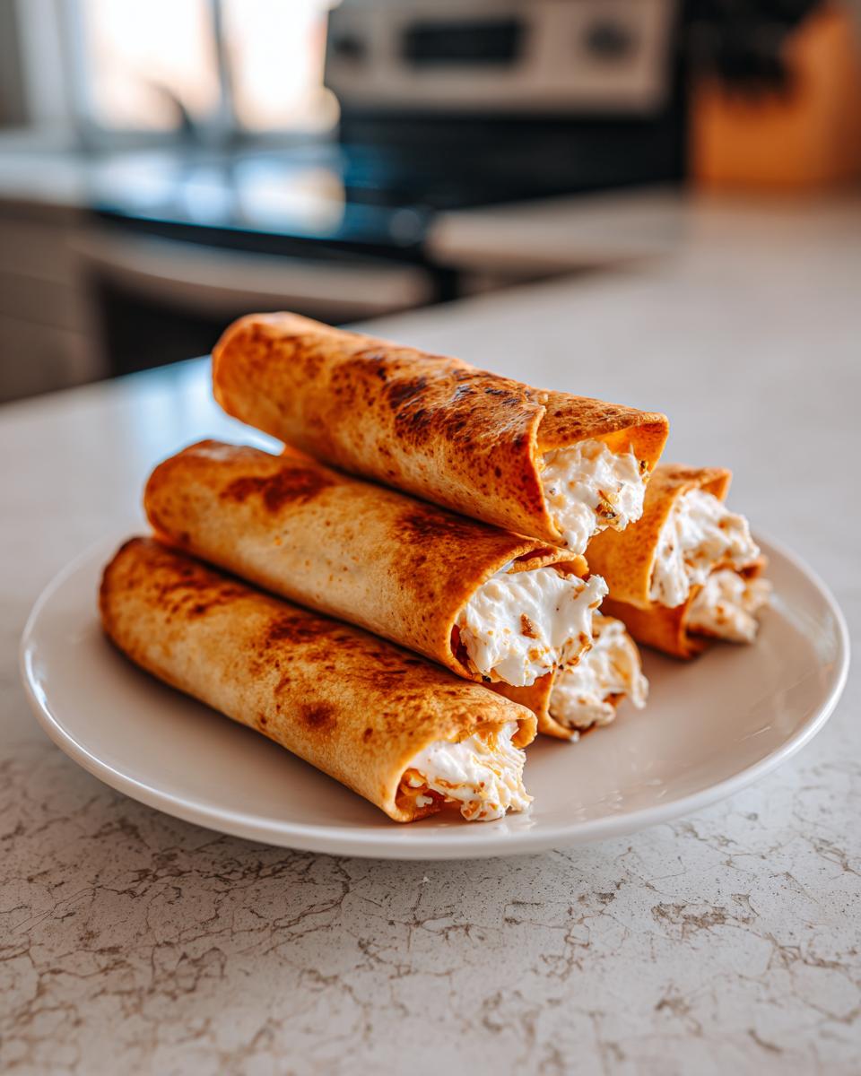 A stack of golden brown Baked Cream Cheese Chicken Taquitos overflowing with creamy filling on a white plate.