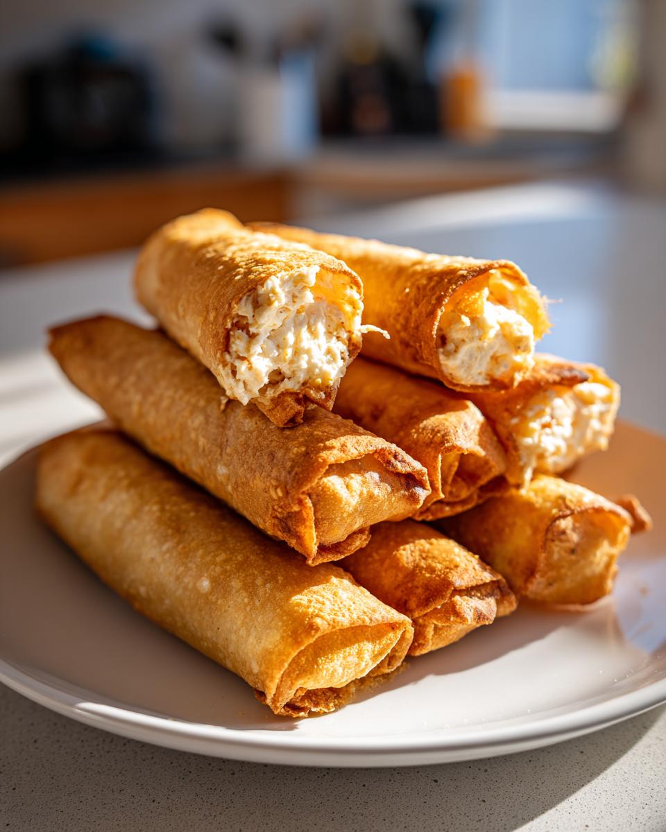 A stack of golden brown Baked Cream Cheese Chicken Taquitos, with one broken open showing the creamy filling.
