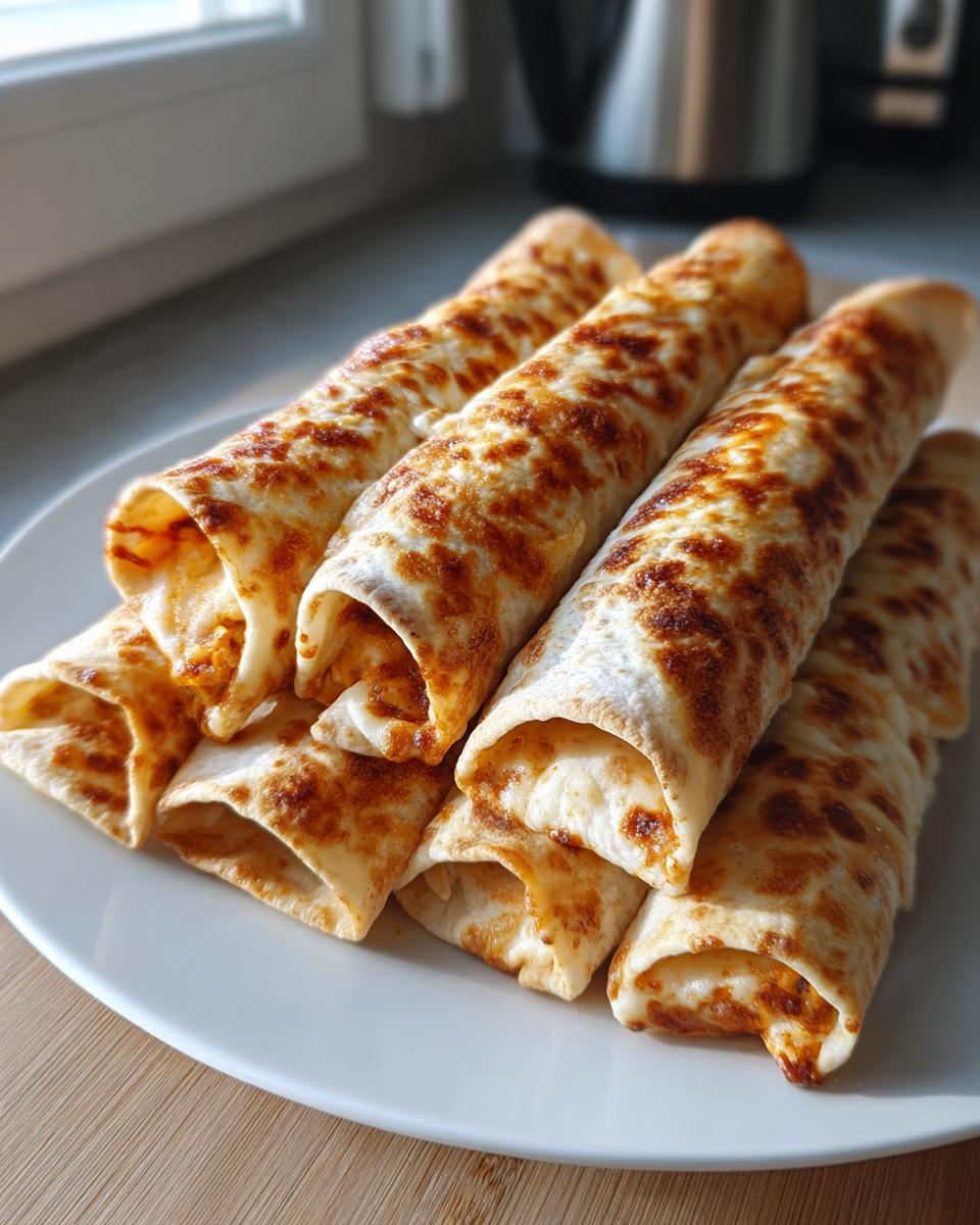 A stack of golden-brown Baked Cream Cheese Chicken Taquitos served on a white plate.