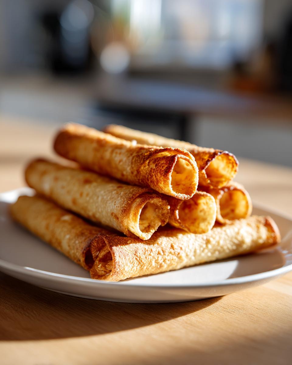 A stack of golden brown Baked Cream Cheese Chicken Taquitos resting on a white plate.