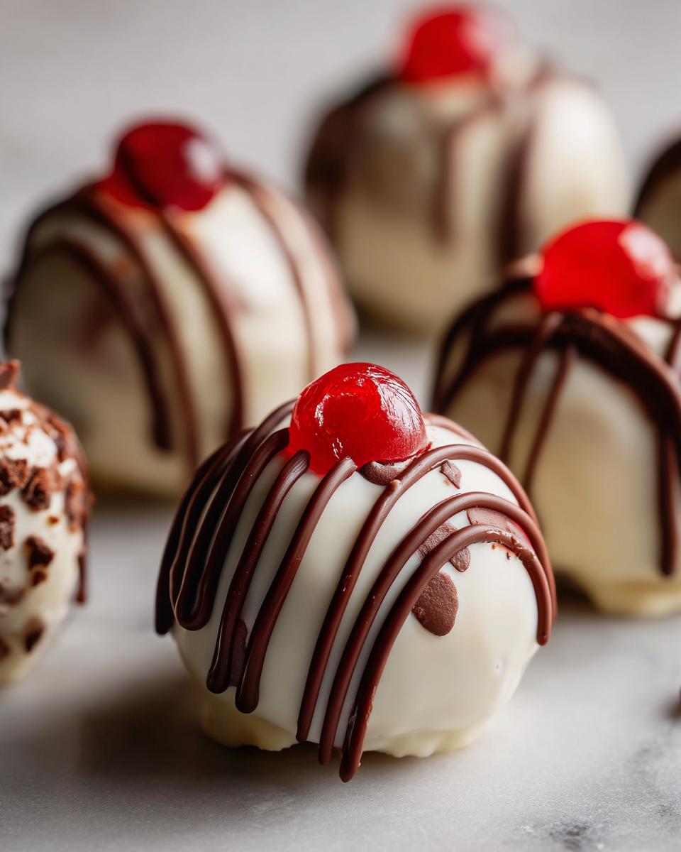 Close-up of decadent Banana Split Truffles coated in white chocolate with dark chocolate drizzle and a maraschino cherry.