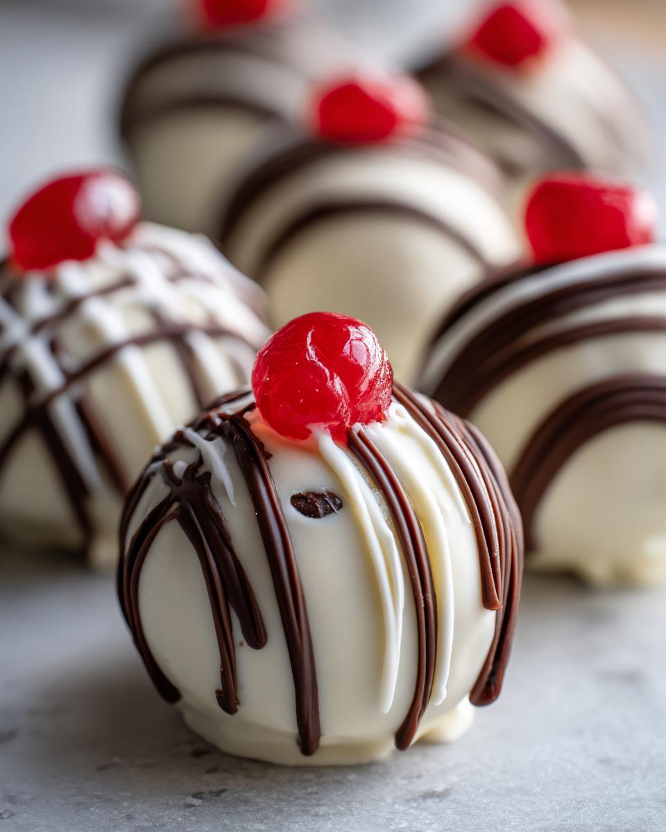 Close-up of a white chocolate Banana Split Truffles topped with a maraschino cherry and drizzled with dark chocolate.