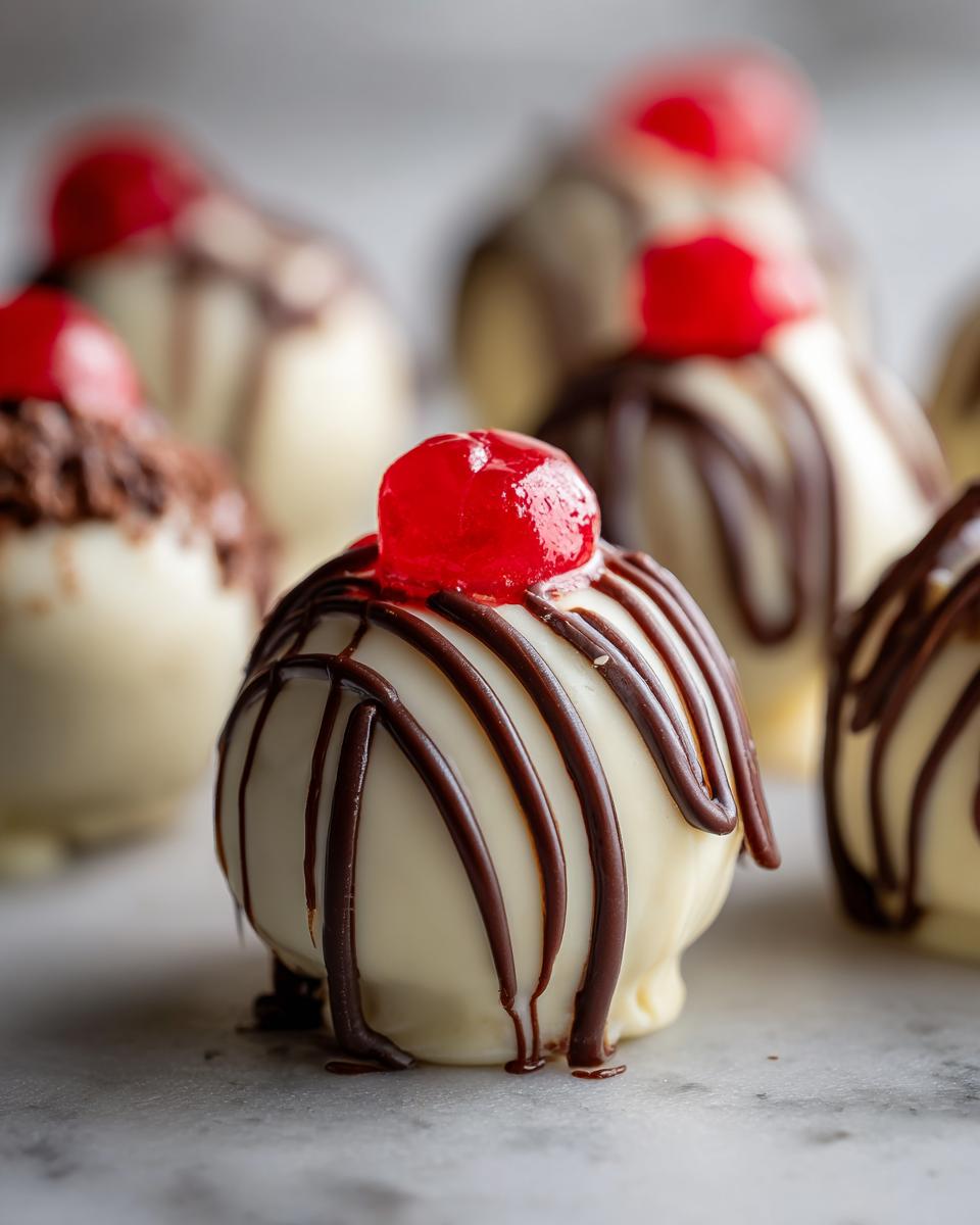 A close-up of a white chocolate Banana Split Truffles topped with a maraschino cherry and drizzled with dark chocolate.